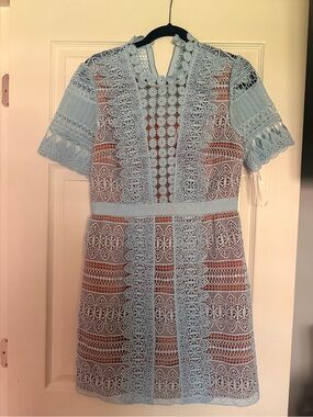 Self-Portrait Powder Blue Crochet Lace Mini Dress